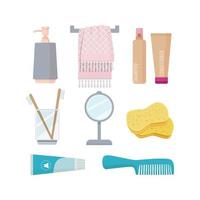 accesorios de baño ilustraciones de higiene personal cepillo de dientes pasta esponja toalla gel jabón conjunto de dibujos animados cepillo de dientes jabón de baño pasta ilustración de botella de champú vector