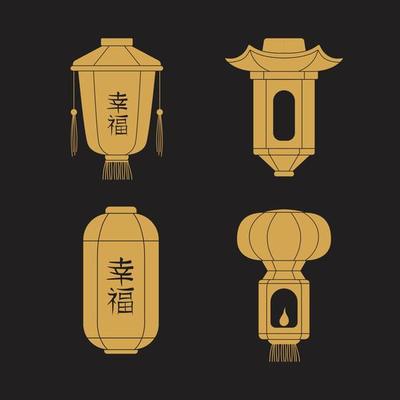 Asian symbols silhouettes chinese golden paper lanterns mask dragon fish coins traditional china festive illustrations