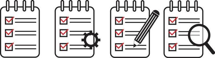 Clipboard icon. Checklist with gear, checkmarks, magnifier and pencil. vector