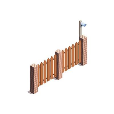 Construction fences garden door gate metals wooden panels railing fences vector isometric illustration barrier border protection fence