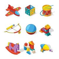 juguetes isométricos objetos de jardín de infantes de colores niños plástico juguetes preescolares conjuntos caja bloques tambor carros vector linda colección xilófono pirámide educación preescolar lúdica ilustración