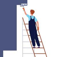Worker painting wall home repair service man special professional costume standing ladder painting renovation house room vector illustration worker paint wall work handyman