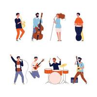 Music band characters rock group musicians singing playing instrument performing stage vector rock concert musical band musician group performance illustration