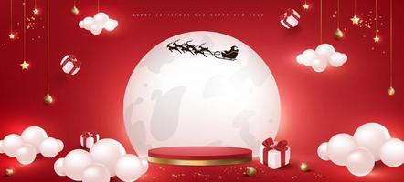 Merry Christmas and happy new year banner with festive decoration and product display cylindrical shape with glowing Full Moon Behind vector