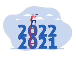 businessman climb up ladder to see through telescope on year 2022 number for compare 2020.Future Goal And Plans.Business target concept flat vector illustrator