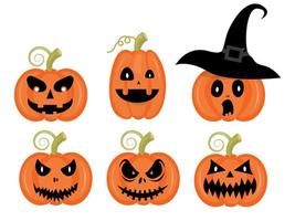 Orange pumpkin with smile and witch hat for your design for the holiday Halloween on white background. Vector illustration