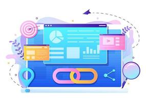 SEO Link Building as Search Engine Optimization, Marketing and Digital for Home Page Development or Mobile Applications Vector Illustration