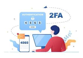 2fa dos pasos autenticación contraseña aviso seguro verificación de inicio de sesión o sms con código un teléfono inteligente para sitio web en ilustración vectorial plana vector