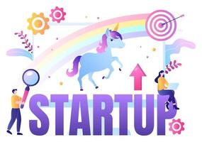 Ilustración de vector de símbolo de inicio de negocio de unicornio. empresario de proceso de desarrollo, producto de innovación e idea creativa ve el objetivo para tener éxito