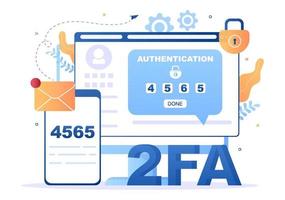 2fa dos pasos autenticación contraseña aviso seguro verificación de inicio de sesión o sms con código un teléfono inteligente para sitio web en ilustración vectorial plana vector