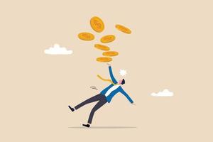 Financial mistake losing money, investment risk or trading failure, debt and loan, cost and expense problem concept, clumsy businessman investor fall on slippery floor losing all money dollar coins. vector