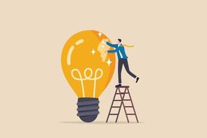 Polishing idea or finalize to be perfect and best quality result, attention to details, craftsmanship concept, smart businessman climb up ladder to clean and polish lightbulb for best quality idea. vector