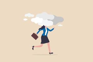 Brain fog causing mental problem or struggle, work anxiety or stress make confusion or depression concept, confused office businesswoman walking with brain fog, smoke or cloud covered her head. vector