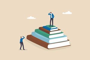 Education inequity, academic degree or institution bias, imbalance or chance or access to knowledge, school dropout concept, success young man on top of stack of textbooks look at other on the floor. vector