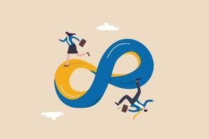 Business cycle, infinity routine job or career path, competition to success or working process loop, impossible illusion concept, businessman and businesswoman running on never ending infinity loop. vector