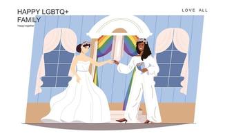Happy LGBT family concept. Loving women get married in white wedding dress and suit, ceremony scene. Diverse multiracial couple, lesbian relationship. Vector illustration of people in flat design