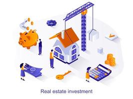 Real estate investment isometric web concept. People building new houses, invest money in construction and sale or buy of apartments scene. Vector illustration for website template in 3d design