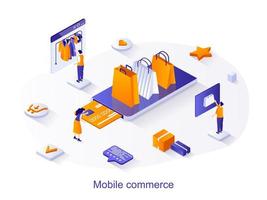 concepto de web isométrica de comercio móvil. la gente compra ropa en el sitio de la tienda, paga las compras y ordena la entrega a domicilio utilizando la escena de la aplicación móvil. ilustración vectorial para plantilla de sitio web en diseño 3d vector