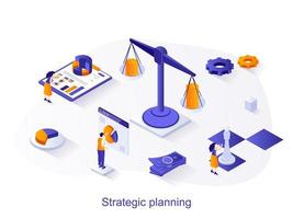 Strategic planning isometric web concept. People create successful strategy, analyze financial statistics, achievment long-term goals scene. Vector illustration for website template in 3d design