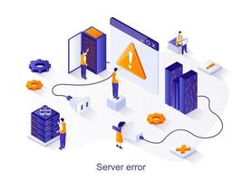 Server error isometric web concept. People working on problem site, hardware and software maintenance, tech support. 404 page error scene. Vector illustration for website template in 3d design
