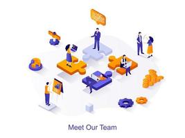 Meet our team isometric web concept. People working together, successful teamwork, branding and idea generation, business communication scene. Vector illustration for website template in 3d design