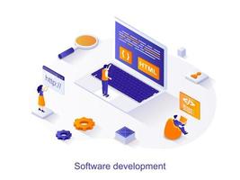 Software development isometric web concept. People program in different languages, working with code, optimize and customize programs scene. Vector illustration for website template in 3d design
