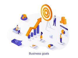 Business goals isometric web concept. People work together on project, aim at target, increase company profit, analyze financial statistics scene. Vector illustration for website template in 3d design