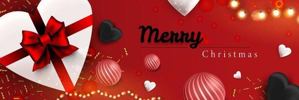 Merry Christmas web banner. Xmas and Happy New Year 2022 holiday celebration poster. Vector illustration with 3d realistic elements. Horizontal christmas poster, background, greeting cards, header.