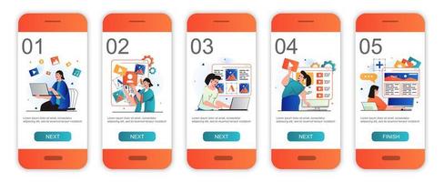 Content manager concept onboarding screens for mobile app templates. Creation of images and texts. Modern UI, UX, GUI screens user interface kit with people scenes for web design. Vector illustration