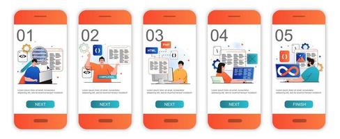 Programmer working concept onboarding screens for mobile app templates. Developers create software. Modern UI, UX, GUI screens user interface kit with people scenes for web design. Vector illustration