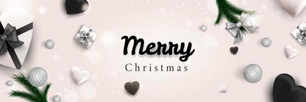 Merry Christmas web banner. Xmas and Happy New Year 2022 holiday celebration poster. Vector illustration with 3d realistic elements. Horizontal christmas poster, background, greeting cards, header.