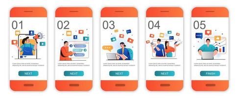 Social media marketing concept onboarding screens for mobile app templates. Online promotion. Modern UI, UX, GUI screens user interface kit with people scenes for web design. Vector illustration