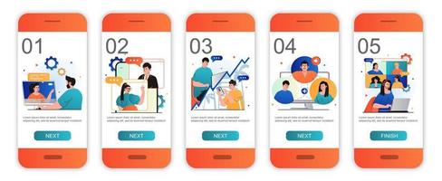 Video chatting concept onboarding screens for mobile app templates. Online meeting communication. Modern UI, UX, GUI screens user interface kit with people scenes for web design. Vector illustration