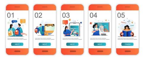 School education concept onboarding screens for mobile app templates. Students and pupils study. Modern UI, UX, GUI screens user interface kit with people scenes for web design. Vector illustration