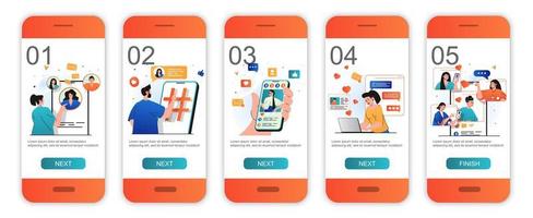 Social network concept onboarding screens for mobile app templates. Users communicate online. Modern UI, UX, GUI screens user interface kit with people scenes for web design. Vector illustration