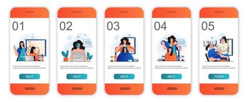 Beauty salon concept onboarding screens for mobile app templates. Cosmetology and hair procedures. Modern UI, UX, GUI screens user interface kit with people scenes for web design. Vector illustration