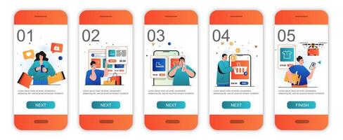 Mobile commerce concept onboarding screens for mobile app templates. Buyers shopping, pay online. Modern UI, UX, GUI screens user interface kit with people scenes for web design. Vector illustration