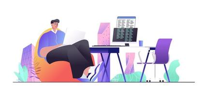 Programmer concept for web banner. Developer works at laptop, writes code on computer, man creates programs, modern people scene. Vector illustration in flat cartoon design with person characters