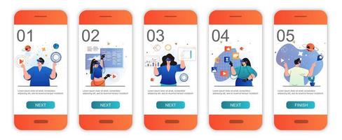Cyberspace concept onboarding screens for mobile app templates. Virtual augmented reality headset. Modern UI, UX, GUI screens user interface kit with people scenes for web design. Vector illustration