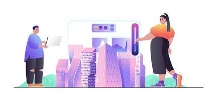 Smart city concept for web banner. Man and woman use wireless management technology, modern urban infrastructure, modern people scene. Vector illustration in flat cartoon design with person characters