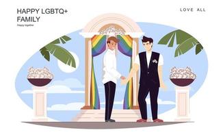 Happy LGBT family concept. Loving men get married in wedding suits at festive ceremony on island scene. Diverse multiracial couple, gay relationship. Vector illustration of people in flat design