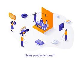 concepto de web isométrica del equipo de producción de noticias. la gente realiza programas de noticias, graba programas de televisión en cámaras en el estudio. el periodismo y la escena de los medios de comunicación. ilustración vectorial para plantilla de sitio web en diseño 3d vector