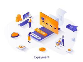 E-payment isometric web concept. People pay for invoice with credit card at online mobile banking app for mobile phone. Electronic payment scene. Vector illustration for website template in 3d design