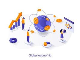 Global economic isometric web concept. People study financial statistics, world markets, dollar currency charts. Marketing and investment scene. Vector illustration for website template in 3d design