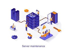 concepto web isométrico de mantenimiento del servidor. personas que trabajan en la sala de hardware del rack de servidores, los ingenieros del departamento de tecnología apoyan la escena del equipo. ilustración vectorial para plantilla de sitio web en diseño 3d vector