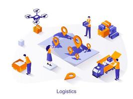 Logistics isometric web concept. People holding parcels and load boxes onto truck, transportation and fast shipping. Global delivery scene. Vector illustration for website template in 3d design