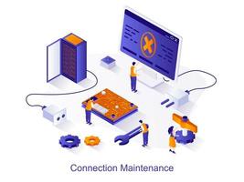 Connection maintenance isometric web concept. People configure Internet signal on computer, maintain hardware, technical engineers work scene. Vector illustration for website template in 3d design