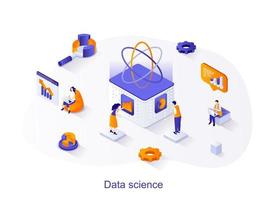 Data science isometric web concept. People working with datum on database, analyze data and financial statistics, process information scene. Vector illustration for website template in 3d design