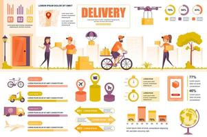 Delivery concept banner with infographic elements. Courier delivering parcels, global logistics, fast shipping. Poster template with graphic data visualization, timeline, workflow. Vector illustration