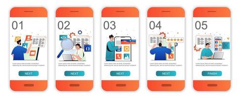 App development concept onboarding screens for mobile app templates. Developers coding and working. Modern UI, UX, GUI screens user interface kit with people scenes for web design. Vector illustration